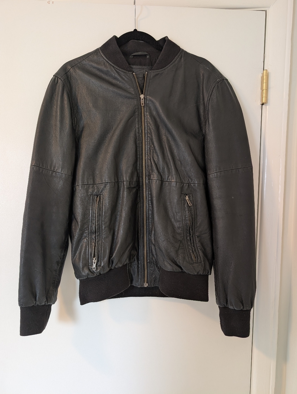 Men's Stray Black Leather Bomber Jacket Size Med